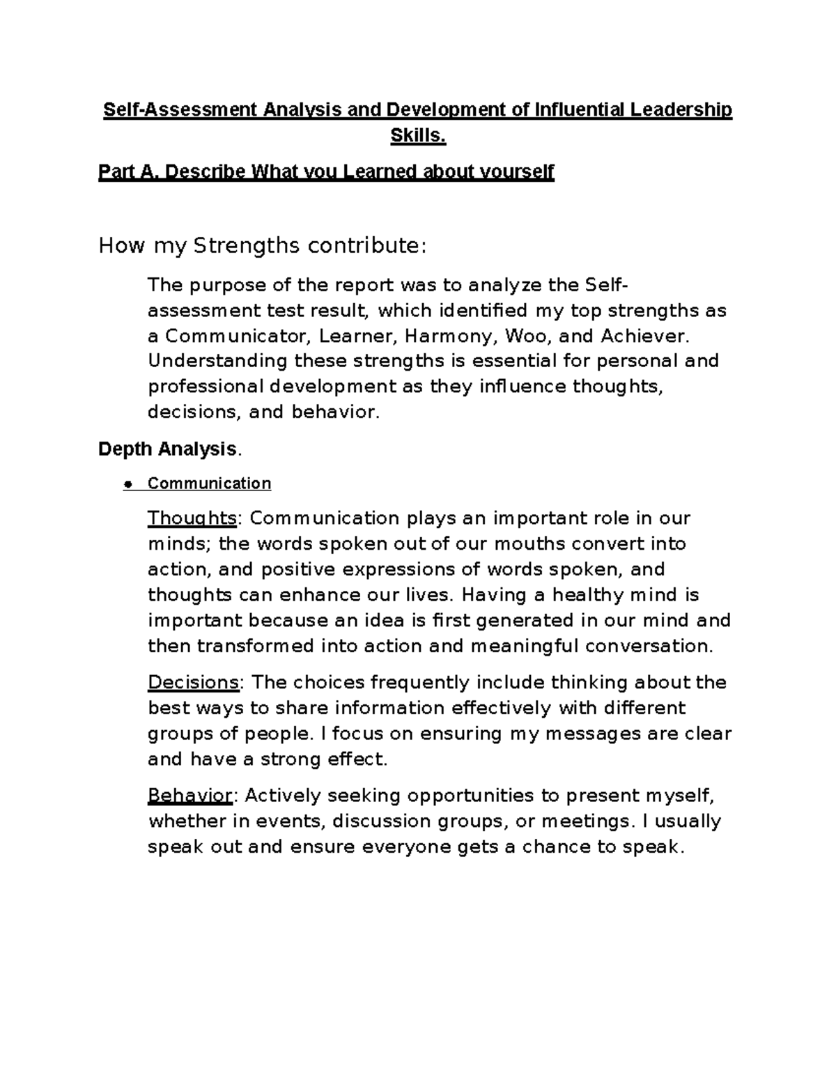 Self-Assessment Analysis: Developing Influential Leadership Skills ...