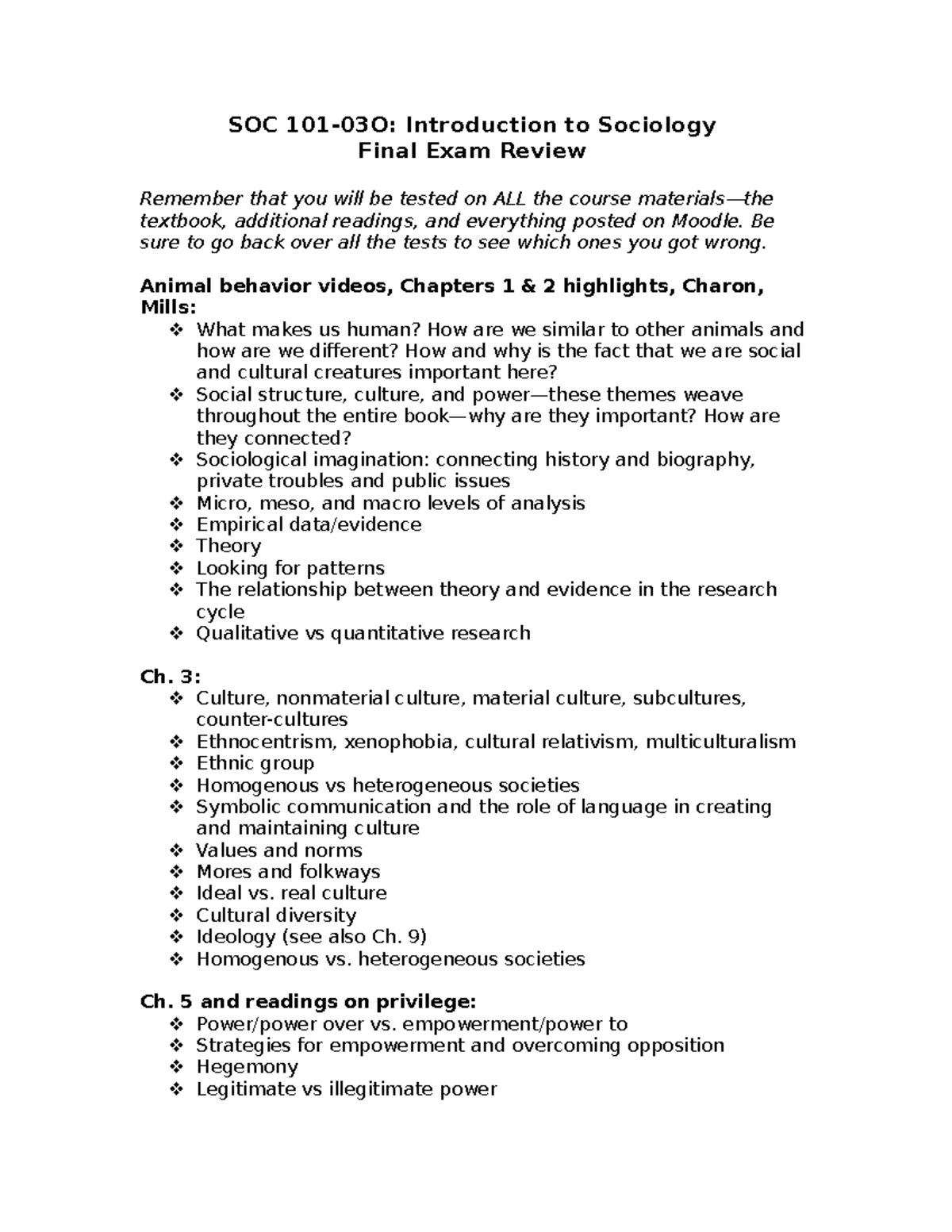 SOC 101-03O: Comprehensive Final Exam Study Guide for Summer 2022 - Studocu