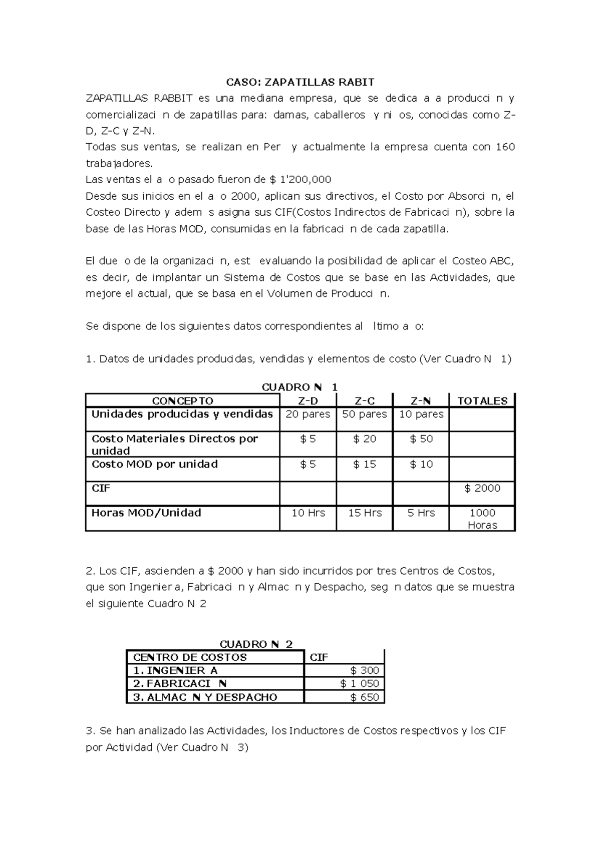 CASO: Análisis de Costeo ABC y Tradicional en Zapatillas Rabbit - Studocu