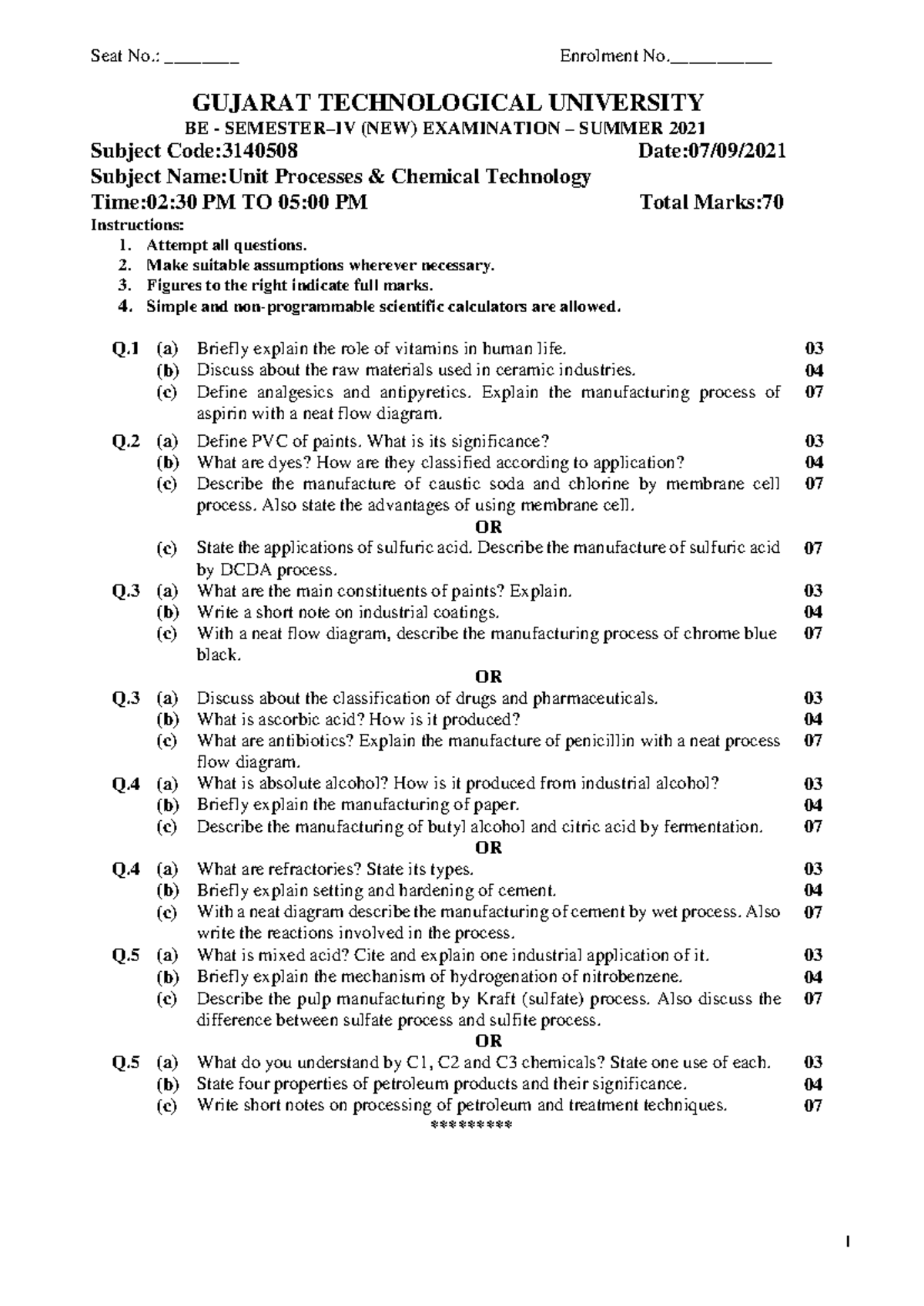 3140508 S-21 Unit Processes in Chemical Technology Exam Paper - Studocu