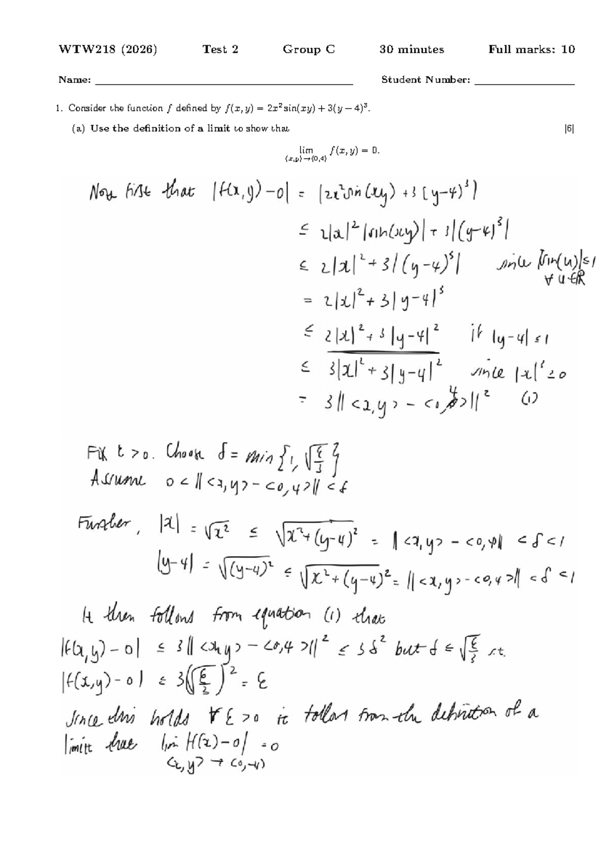 WTW218 2026 Tutorial Test 2C: Limit of Function f(x, y) - Studocu