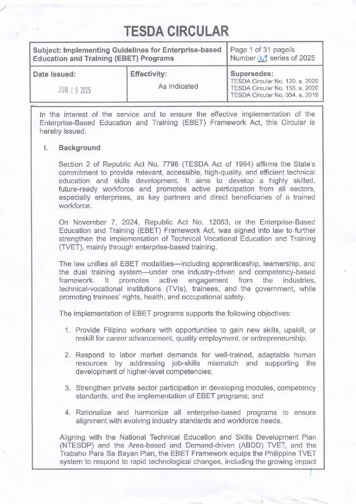 TESDA Circular No. 069-2025: Guidelines for EBET Programs ...