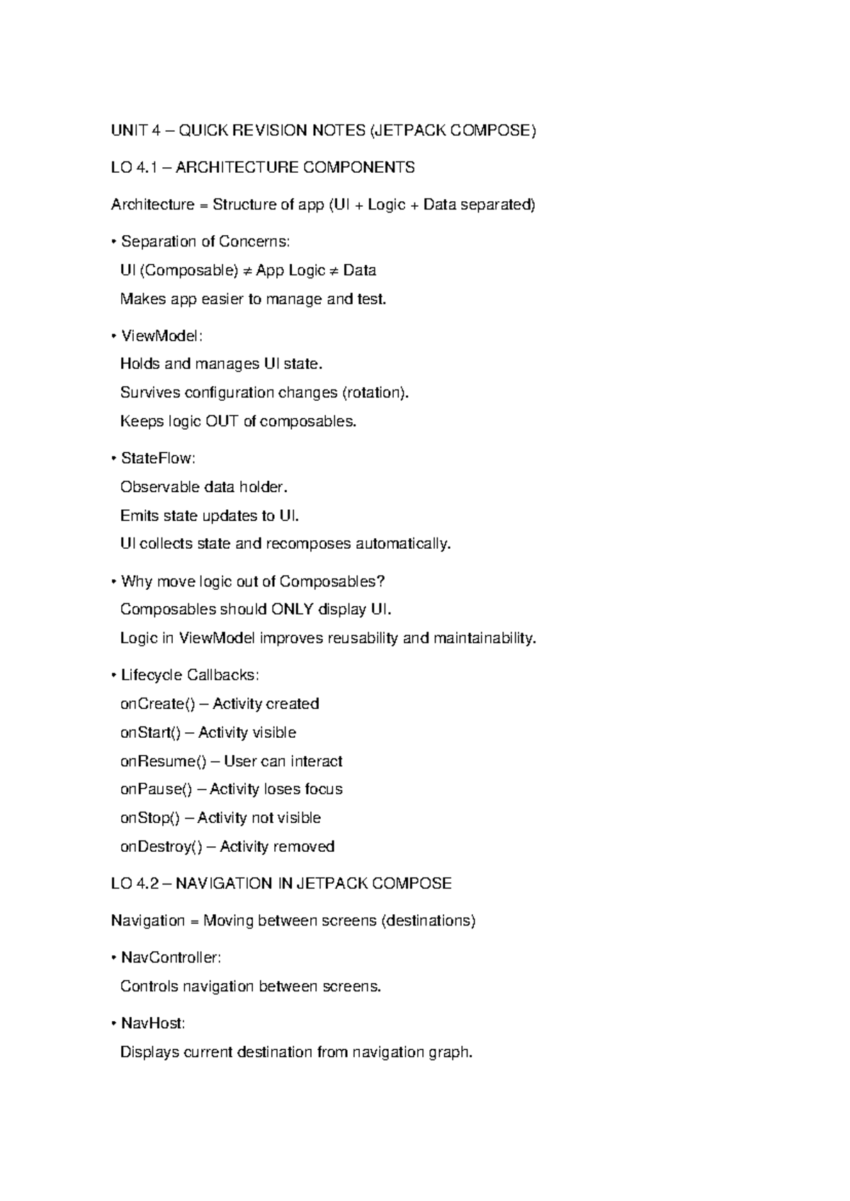 UNIT 4 QUICK REVISION NOTES (JETPACK COMPOSE) - ARCHITECTURE ...