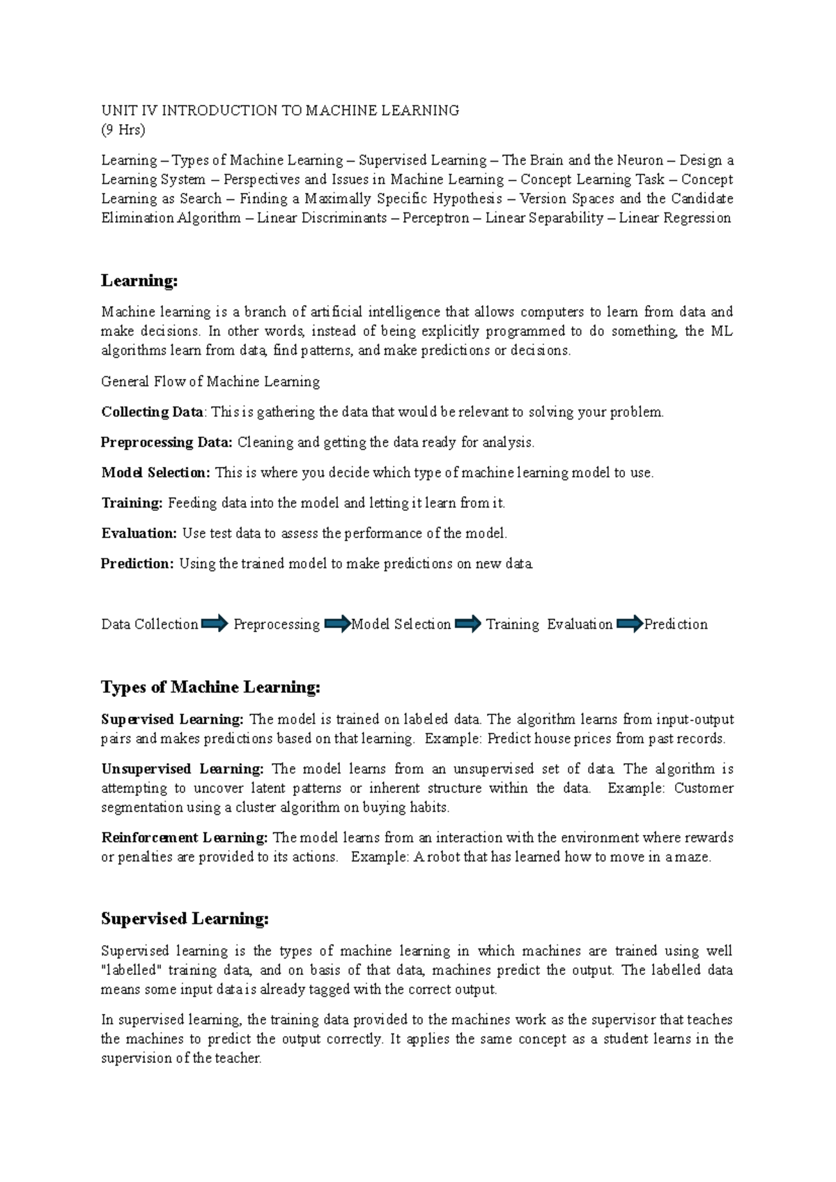 UNIT IV: Intro to Machine Learning Concepts and Techniques - Studocu