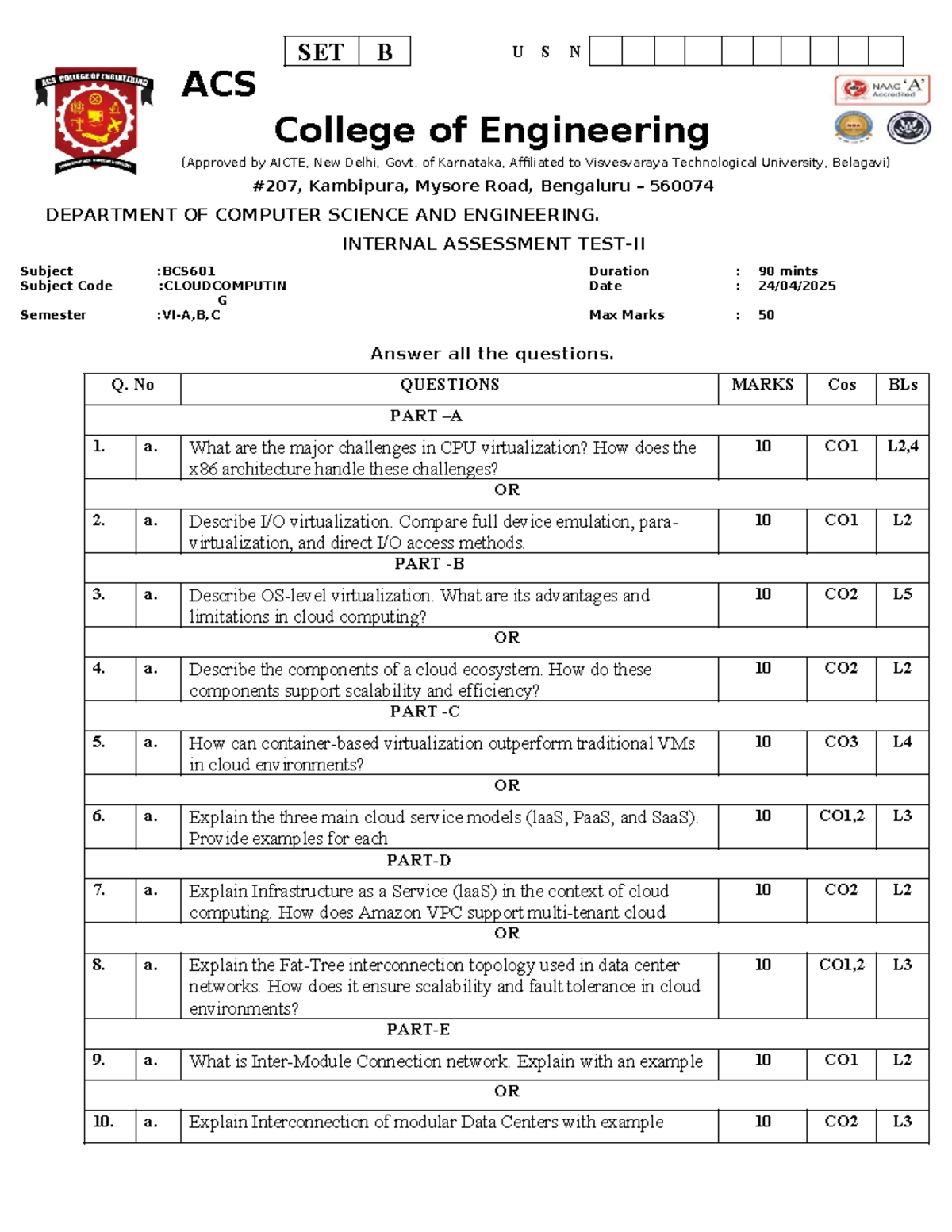 BCS601 Cloud Computing Internal Assessment Questions - CIA 2 SET 2 ...