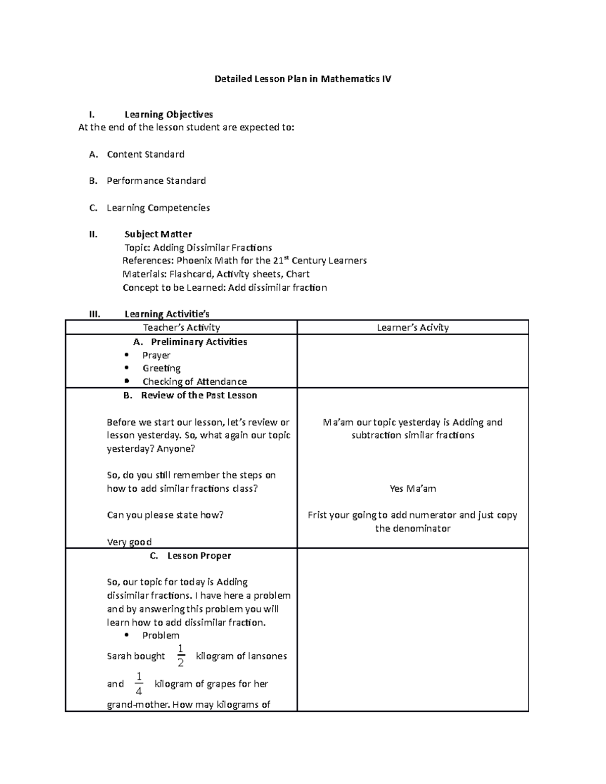 Detailed Lesson Plan in Mathematics IV Adding - Teacher Education - Studocu