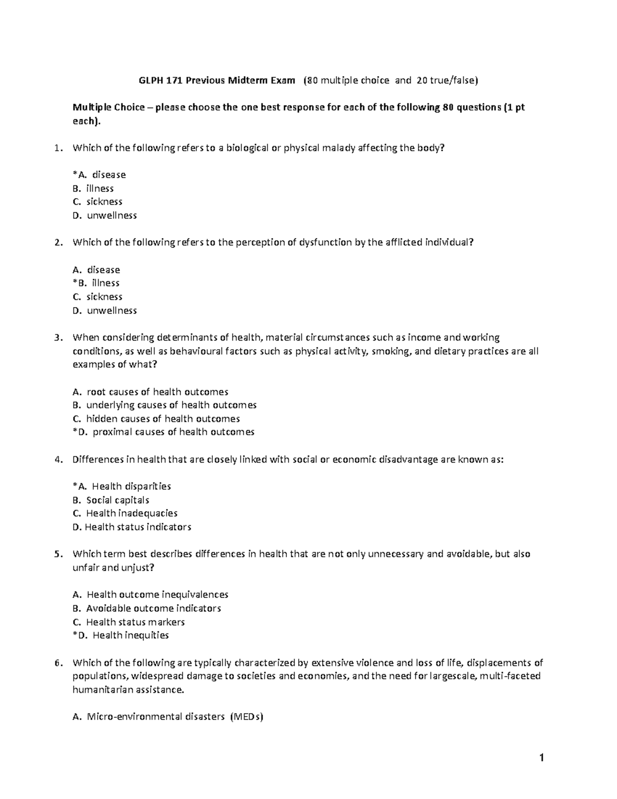 GLPH 171 Sample Midterm Exam: Multiple Choice Questions - Studocu