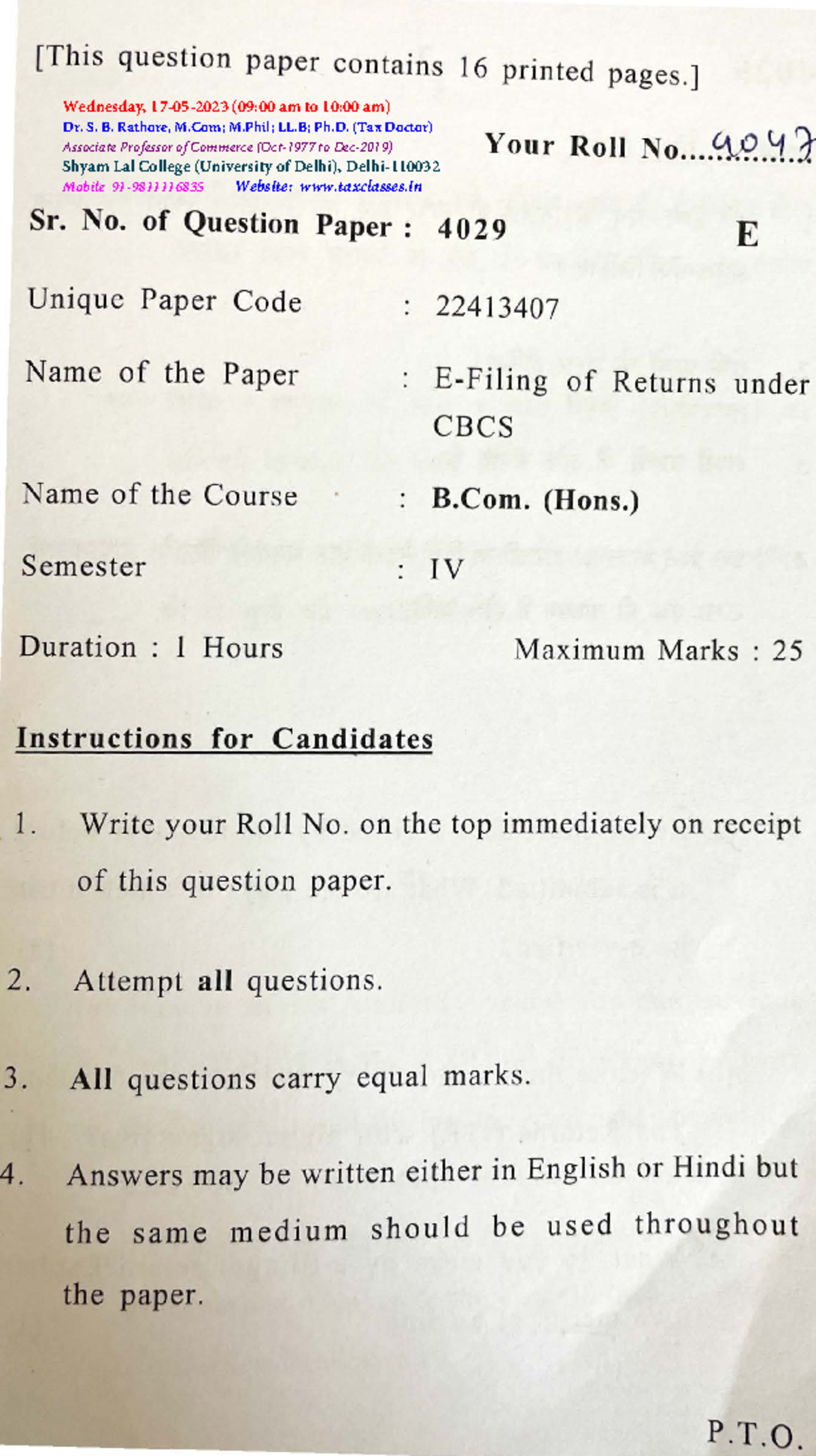 E-Filing of Returns Exam Paper 4029 - B.Com. (Hons.) IV Semester - Studocu