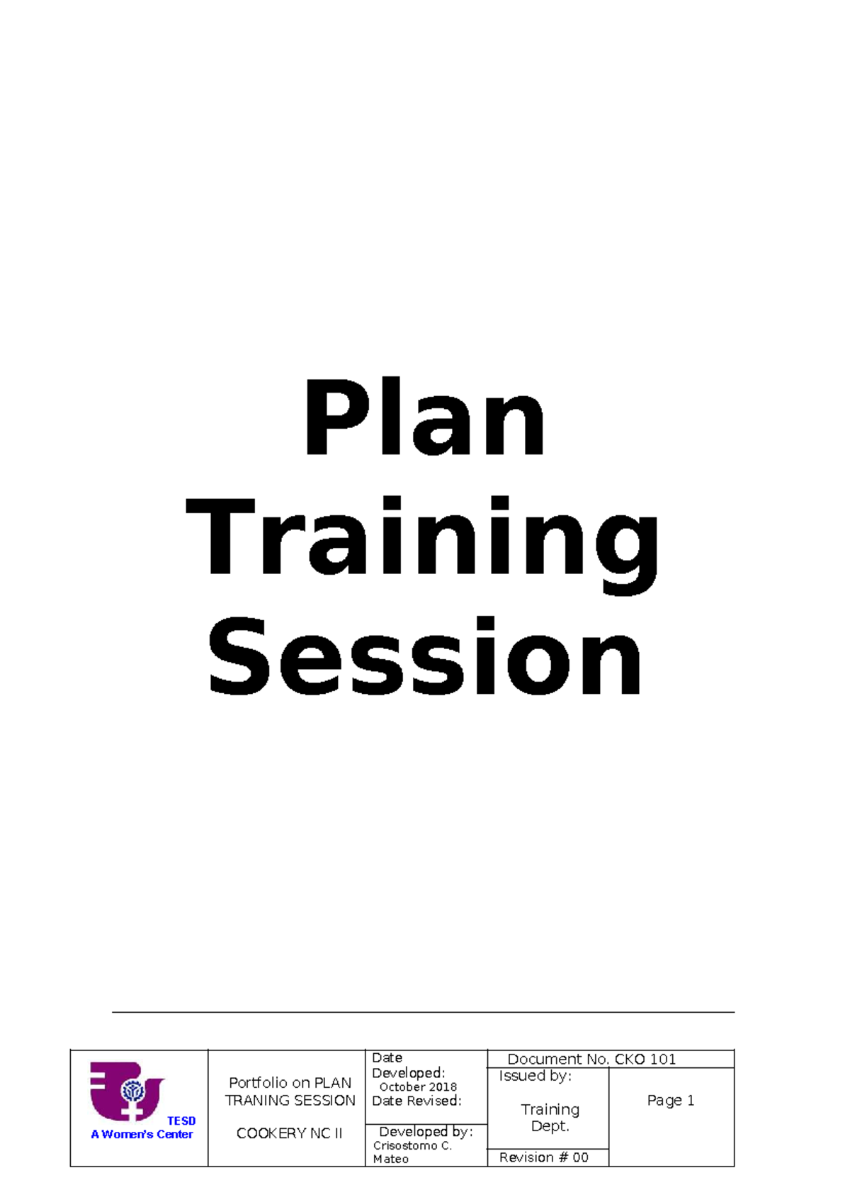 Portfolio on PLAN TRAINING SESSION TESDA Center COOKERY NC II - Studocu