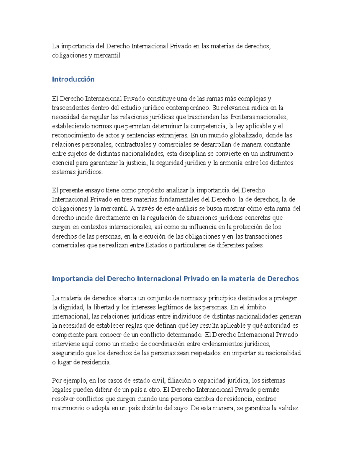 Ensayo sobre la Importancia del Derecho Internacional Privado - Studocu