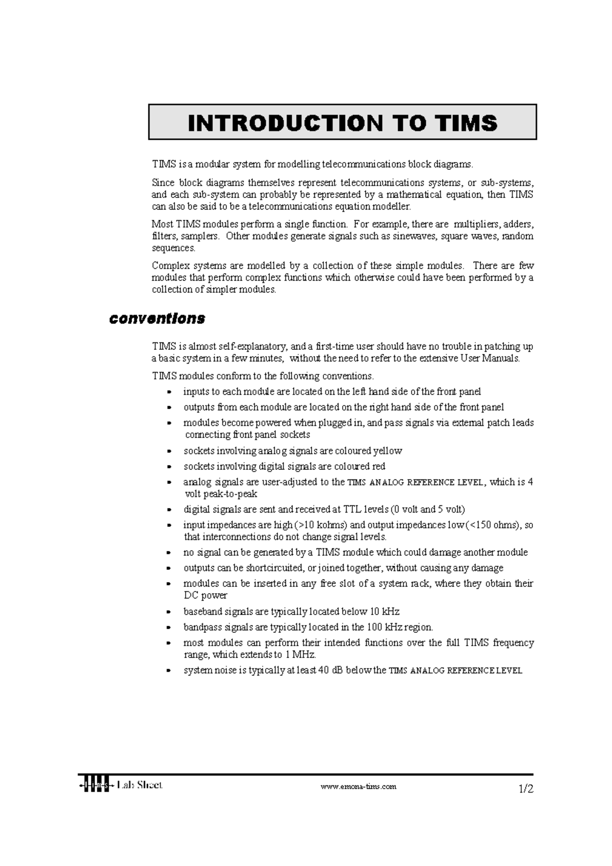 Lab Sheet Experiments: Introduction to TIMS Modelling Techniques - Studocu