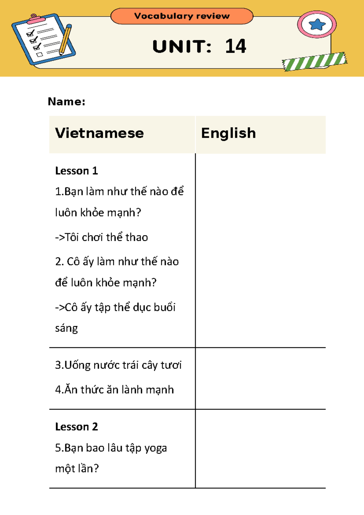 Vietnamese Lesson 1 & 2 Vocabulary Review - Studocu