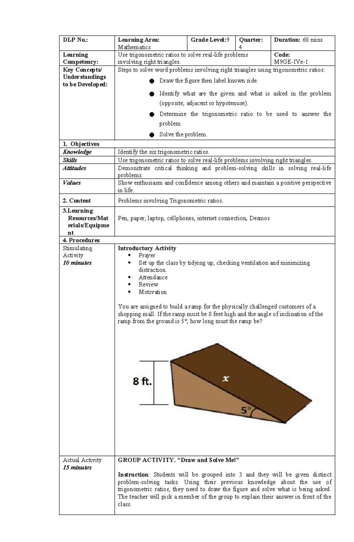LP 2: Lesson Plan on Trigonometric Ratios in Right Triangles for Grade ...