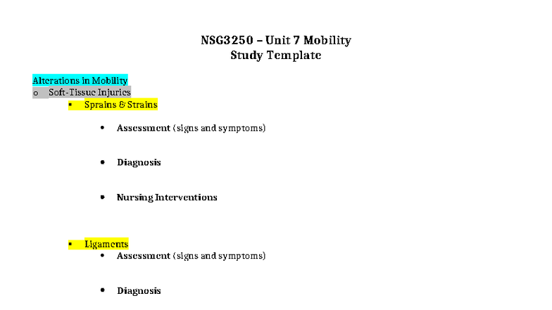 NSG3250 Unit 7 Mobility Study Guide: Injuries, Assessment ...