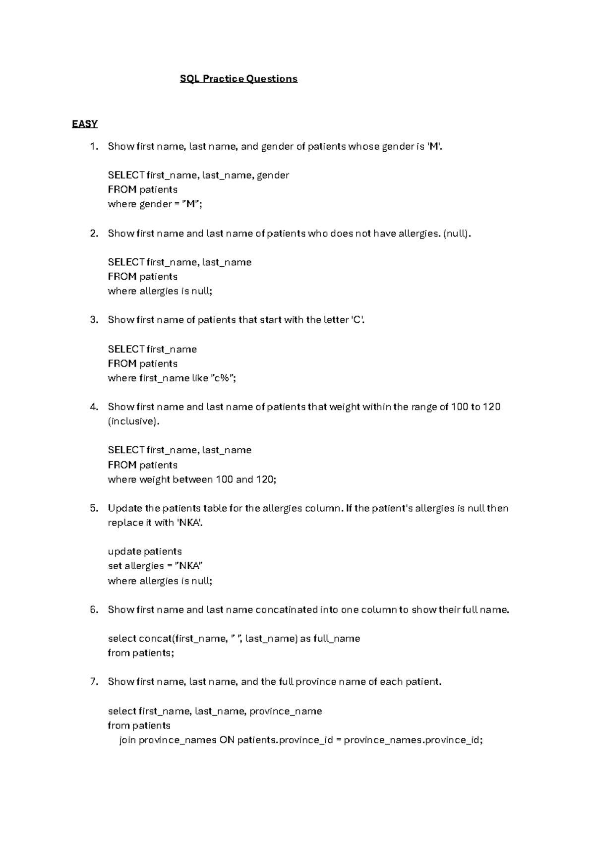 SQL - Practice Questions and Exercises for Patient Management - Studocu