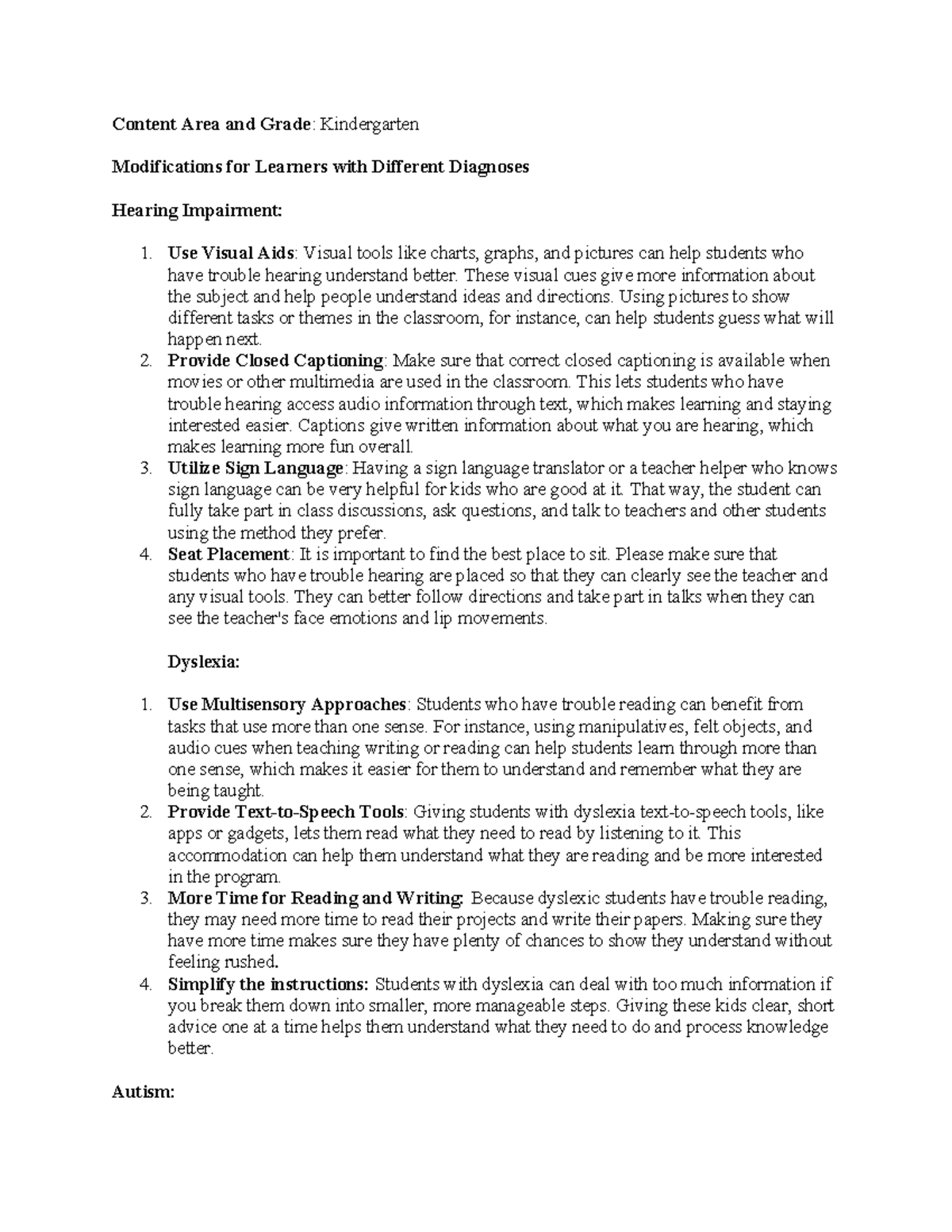 5500 Assignment 2 - Modifications for Diverse Learners in K-Grade - Studocu