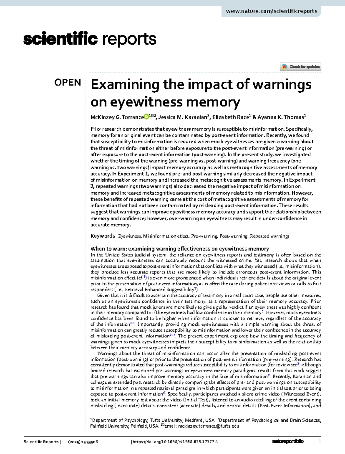 OPEN Exam: Impact of Warnings on Eyewitness Memory Accuracy - Studocu