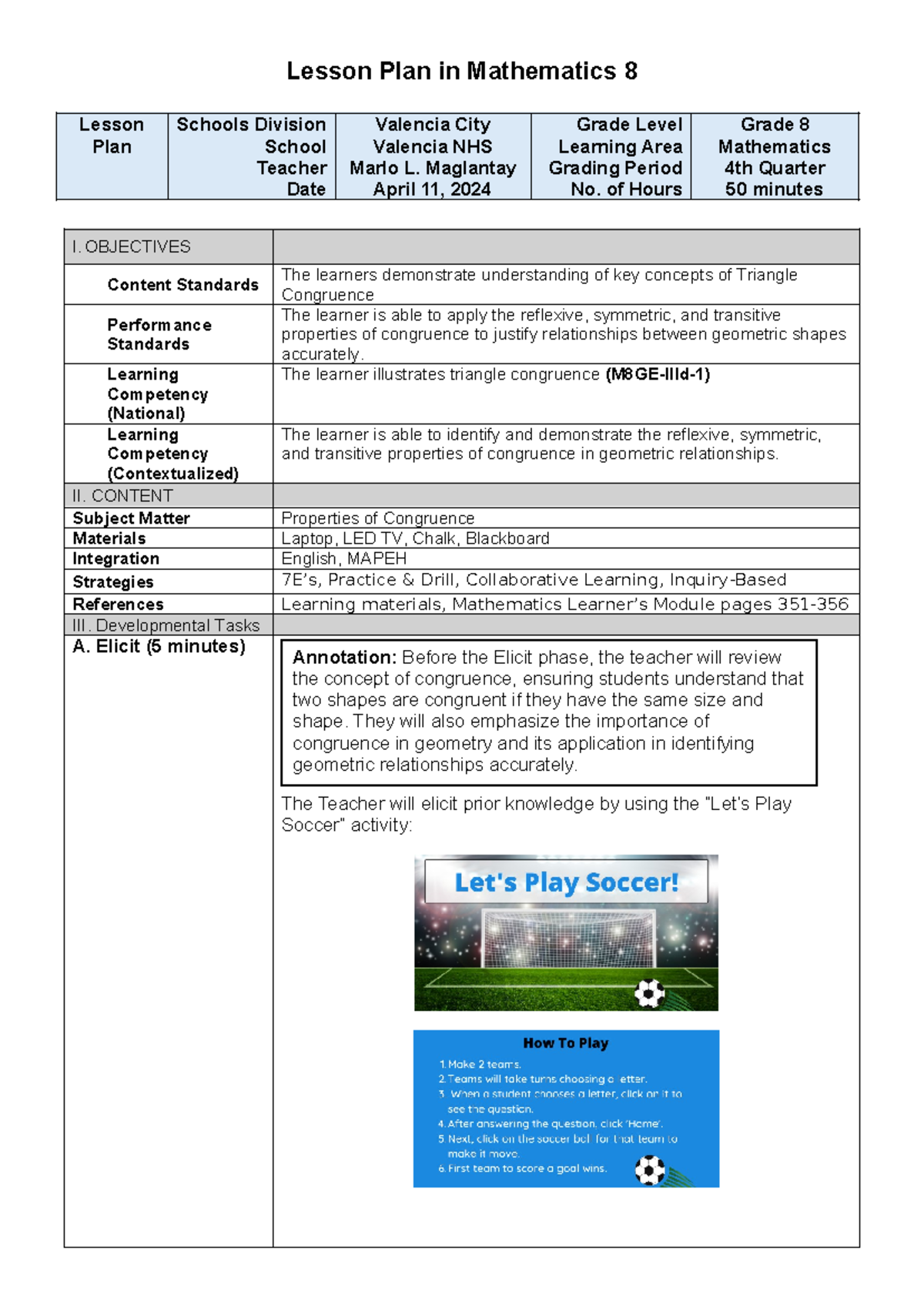 Mathematics 8 Lesson Plan: Understanding 7E's Properties of Congruence ...