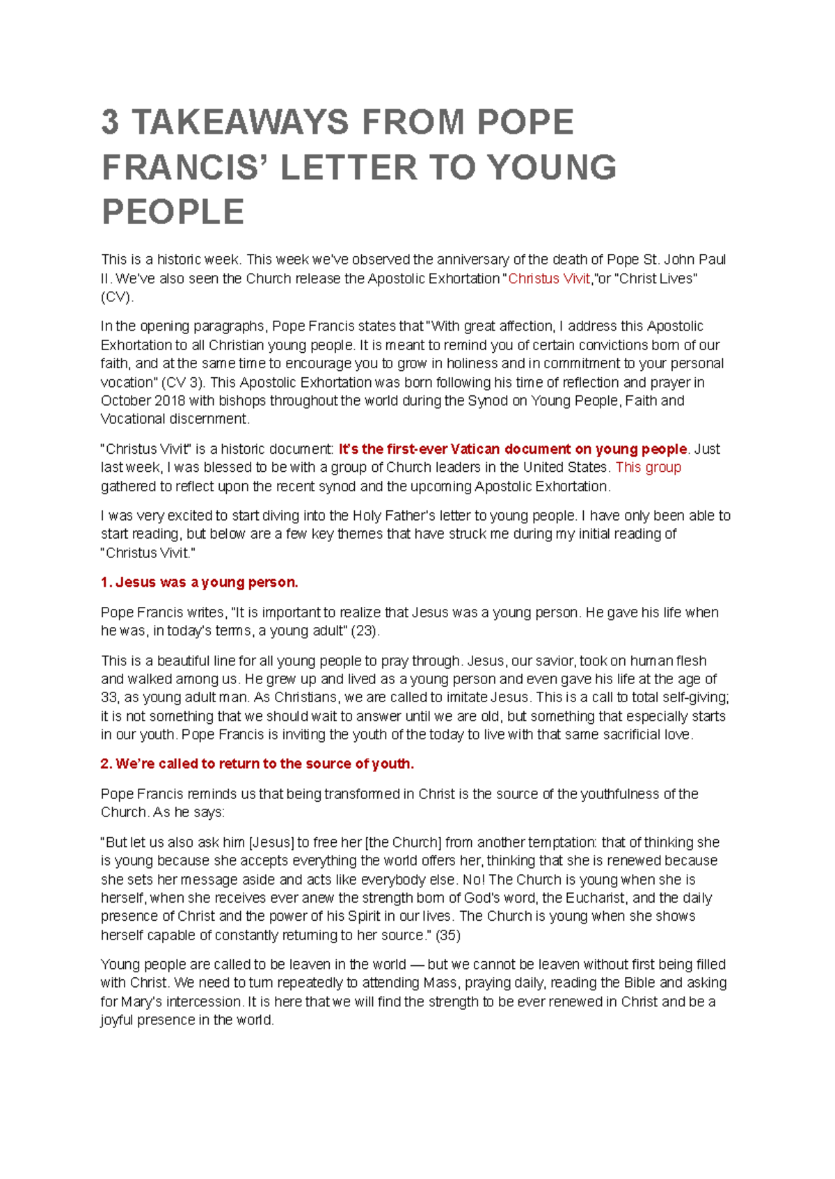 3 Key Insights from Pope Francis' Letter to Young People - Studocu