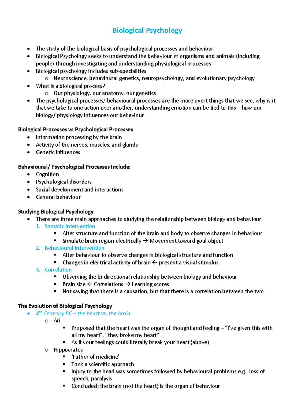 Biological Psychology Study Notes for PSYC1004: Key Concepts and Processes - Studocu