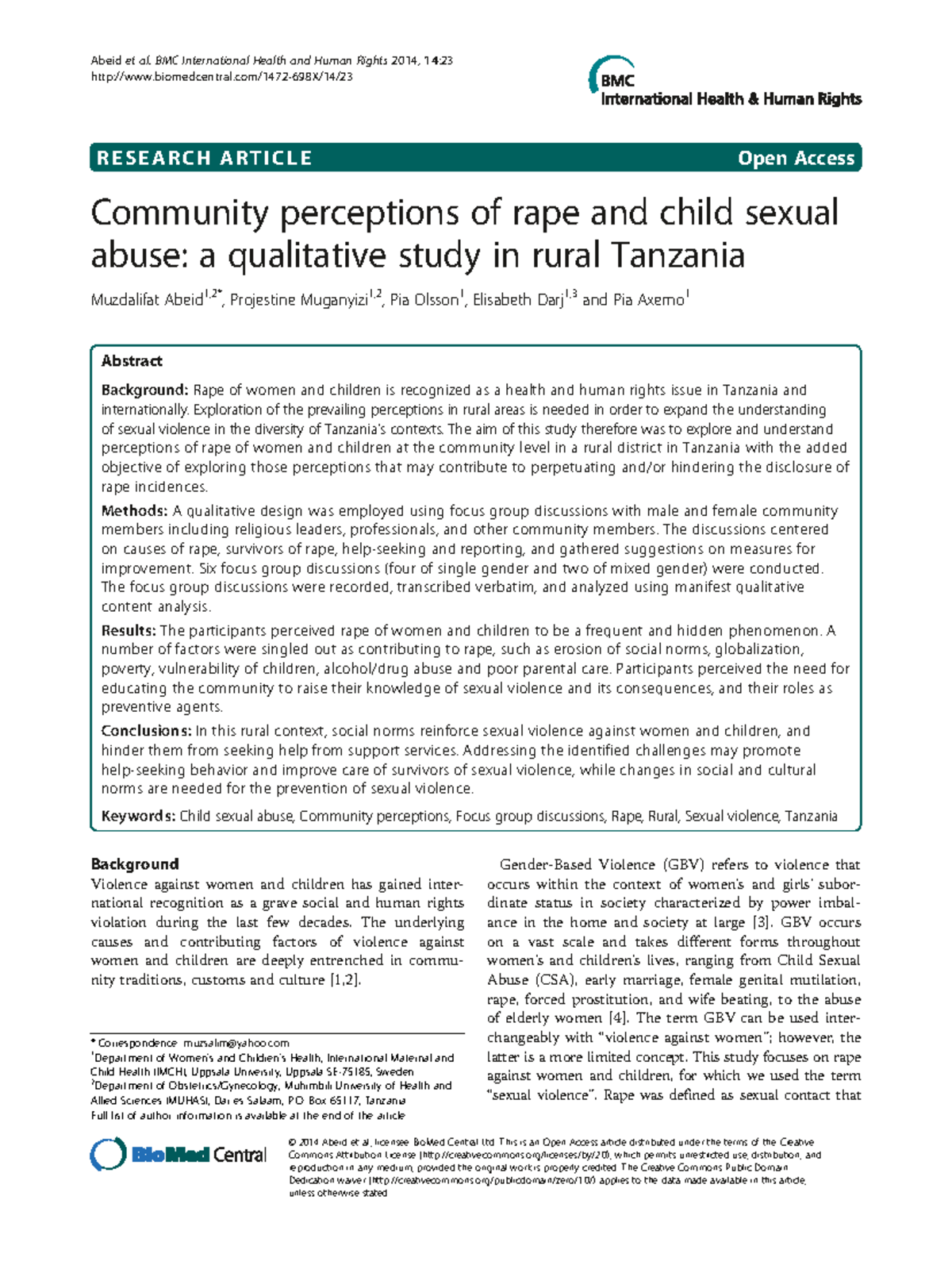 Community Perceptions of Rape & Child Sexual Abuse in Rural Tanzania ...