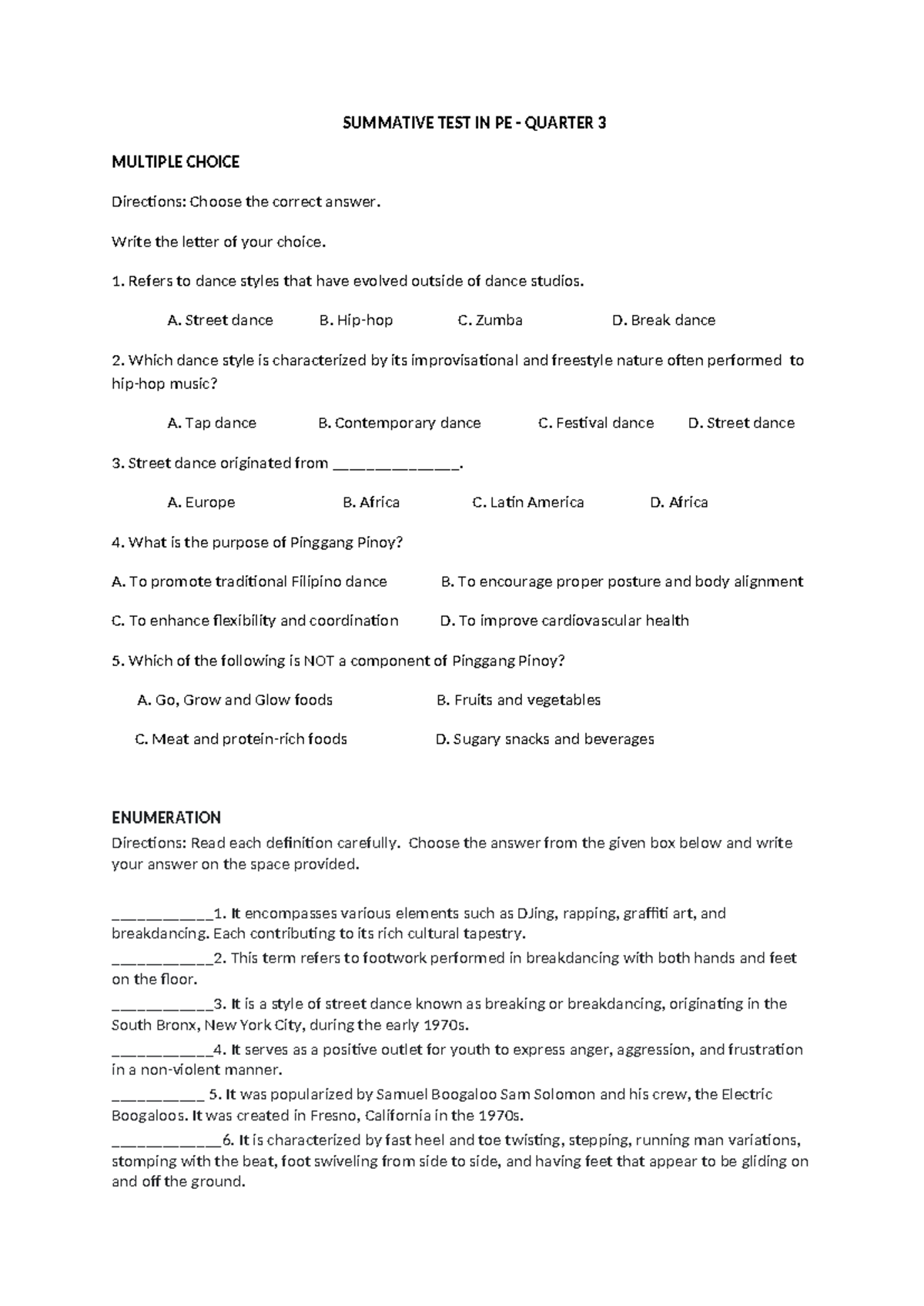 Summative Test in PE - Grade 10 - Quarter 3 Assessment - Studocu