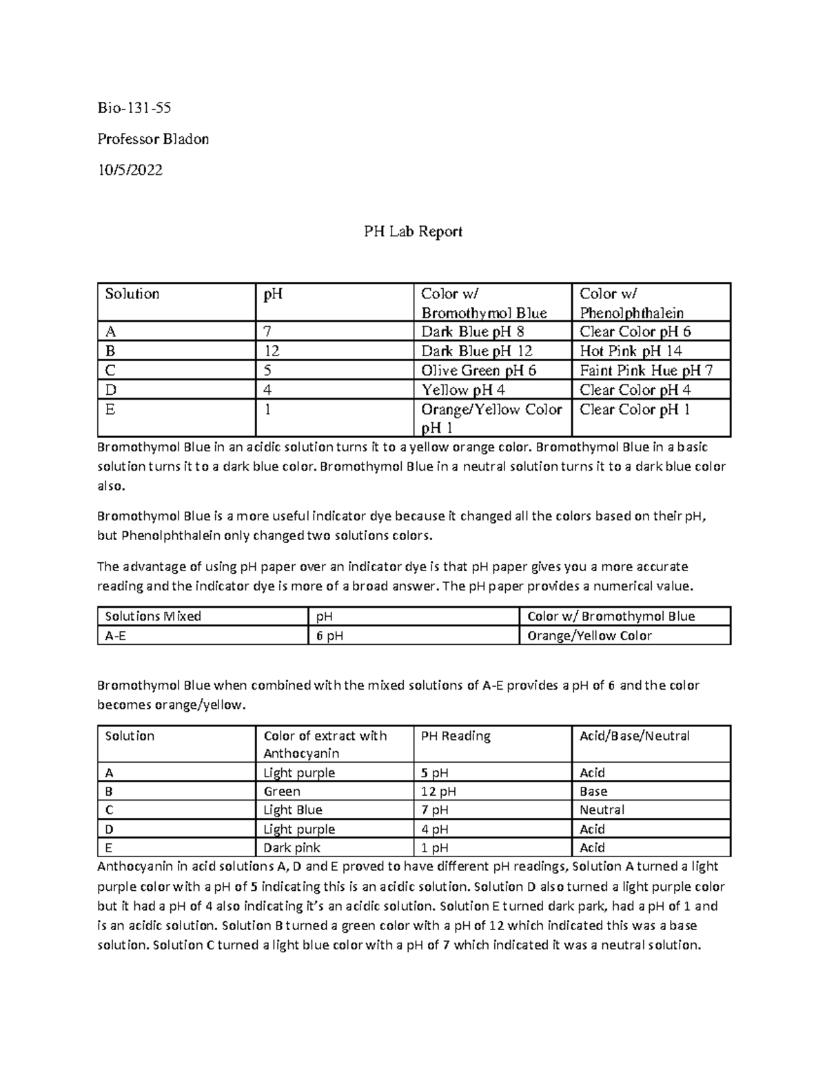 PH Lab Report - professor Mariluci T Bladon, Ph.D. - Bio-131- Professor ...