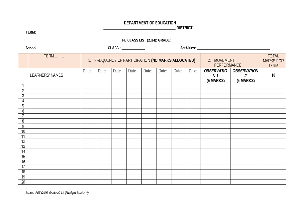 PE Class List for Grades 10-12 (2024) - Participation Records - Studocu