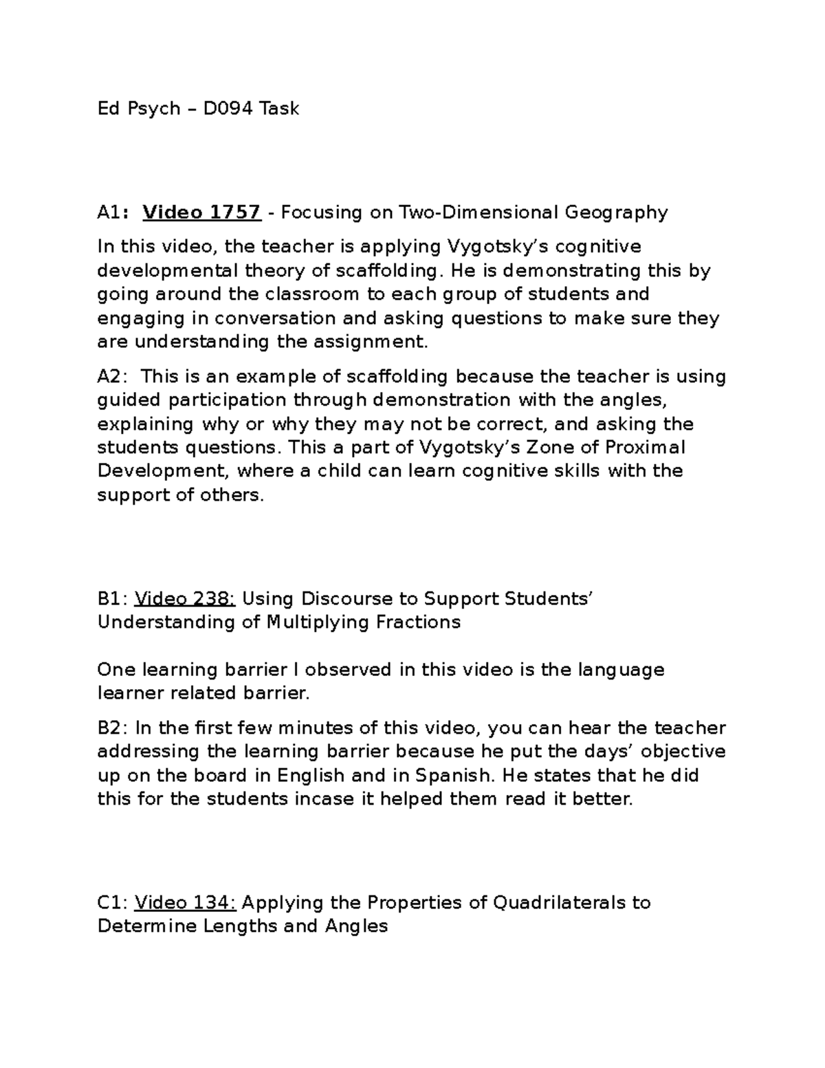 D094 Task - Task D094 - Ed Psych – D094 Task A1: Video 1757 - Focusing ...