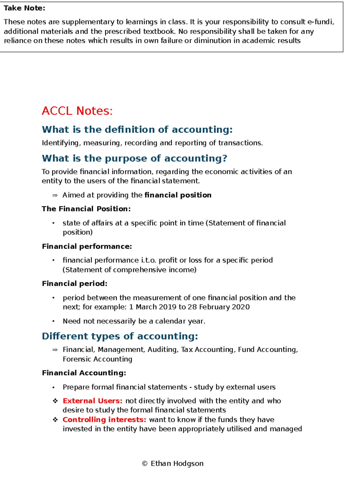 ACCL (SU 1) - Supplementary Accounting Notes and Concepts - Studocu