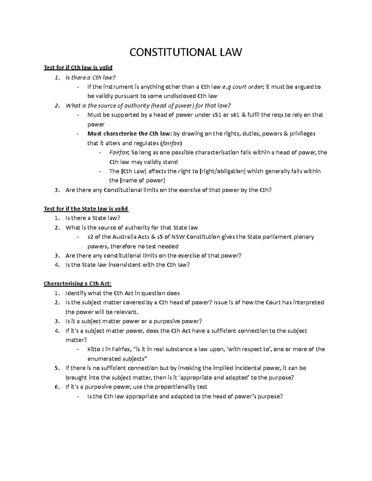 Cth Constitutional Law Final Exam Notes: Validity of Laws and Powers ...