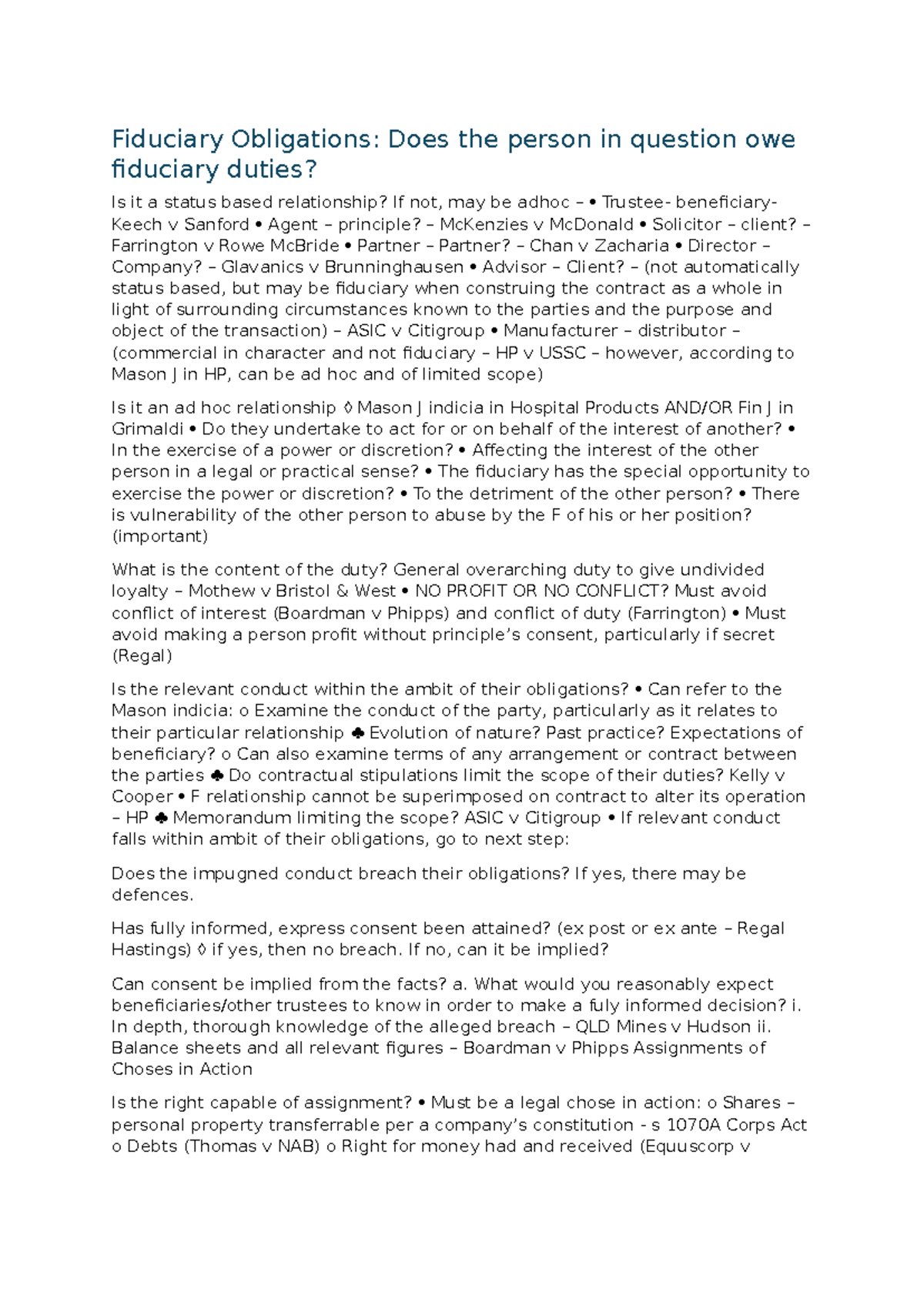 Equity Cheat Sheet: Fiduciary Duties & Trusts Overview (LAW 301) - Studocu