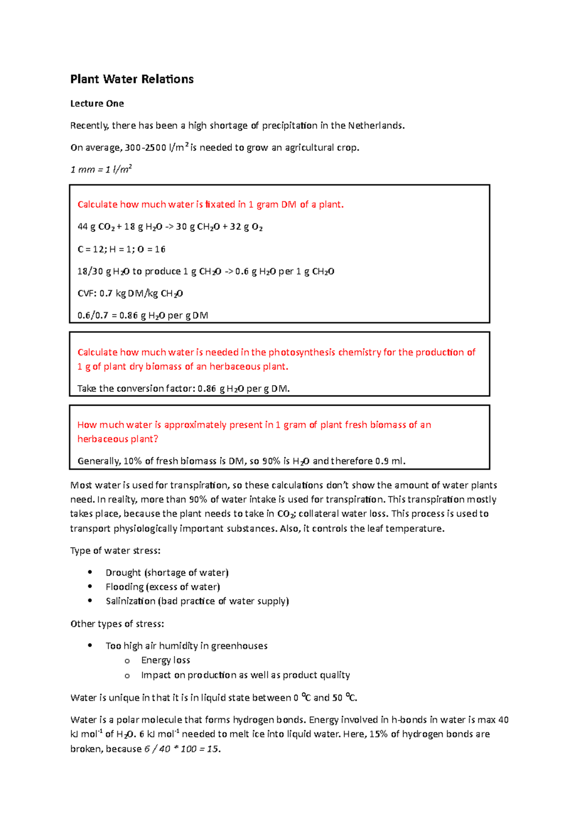 Plant Water Relations Lecture Notes Summary - Studeersnel