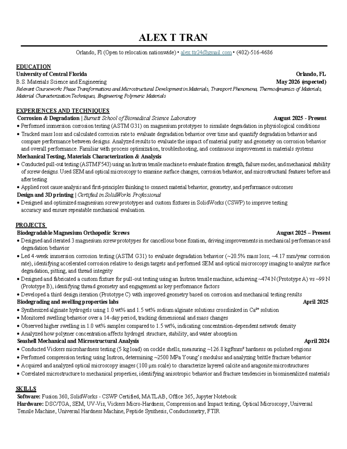 Resume of Alex Tran - B.S. Materials Science & Eng. (UCF) 2026 - Studocu