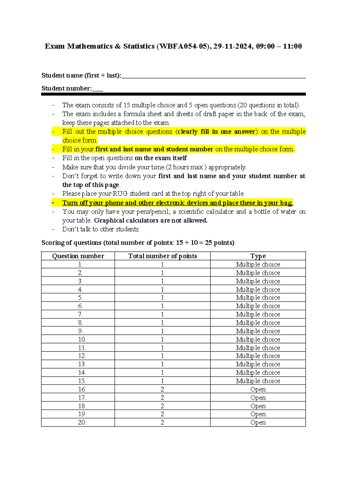 Regular Exam MATH 2024: Statistics Overview and Guidelines - Studeersnel
