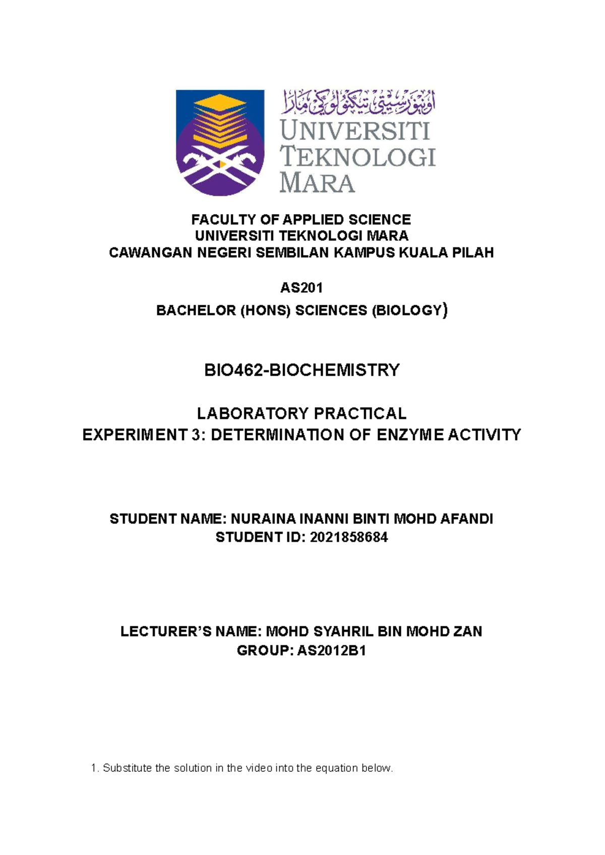 BIO462 - LAB 3 _ DETERMINATION OF ENZYME ACTIVITY - FACULTY OF APPLIED ...