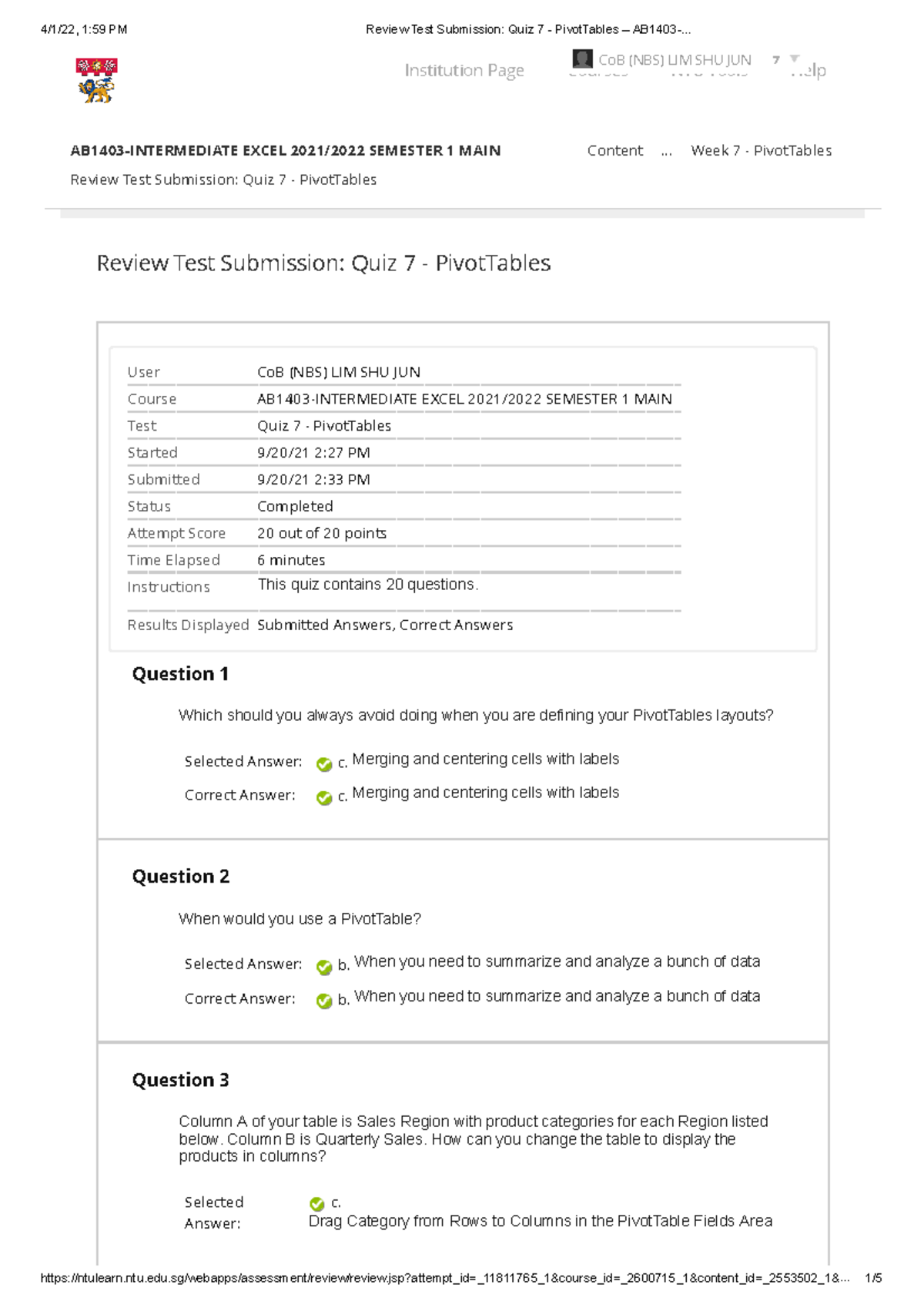 AB1403 Quiz 7 Answers: PivotTables Review & Key Insights - Studocu