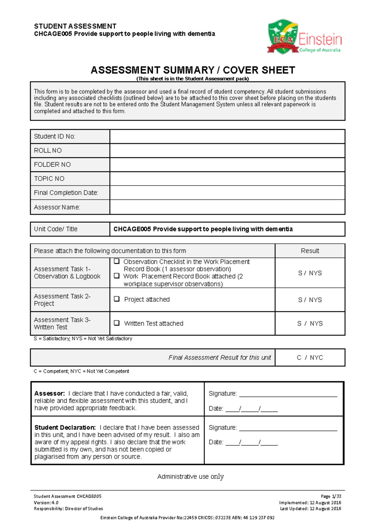 9. Chcage 005 Student Assessment. V4. 120816 - CHCAGE005 Provide ...