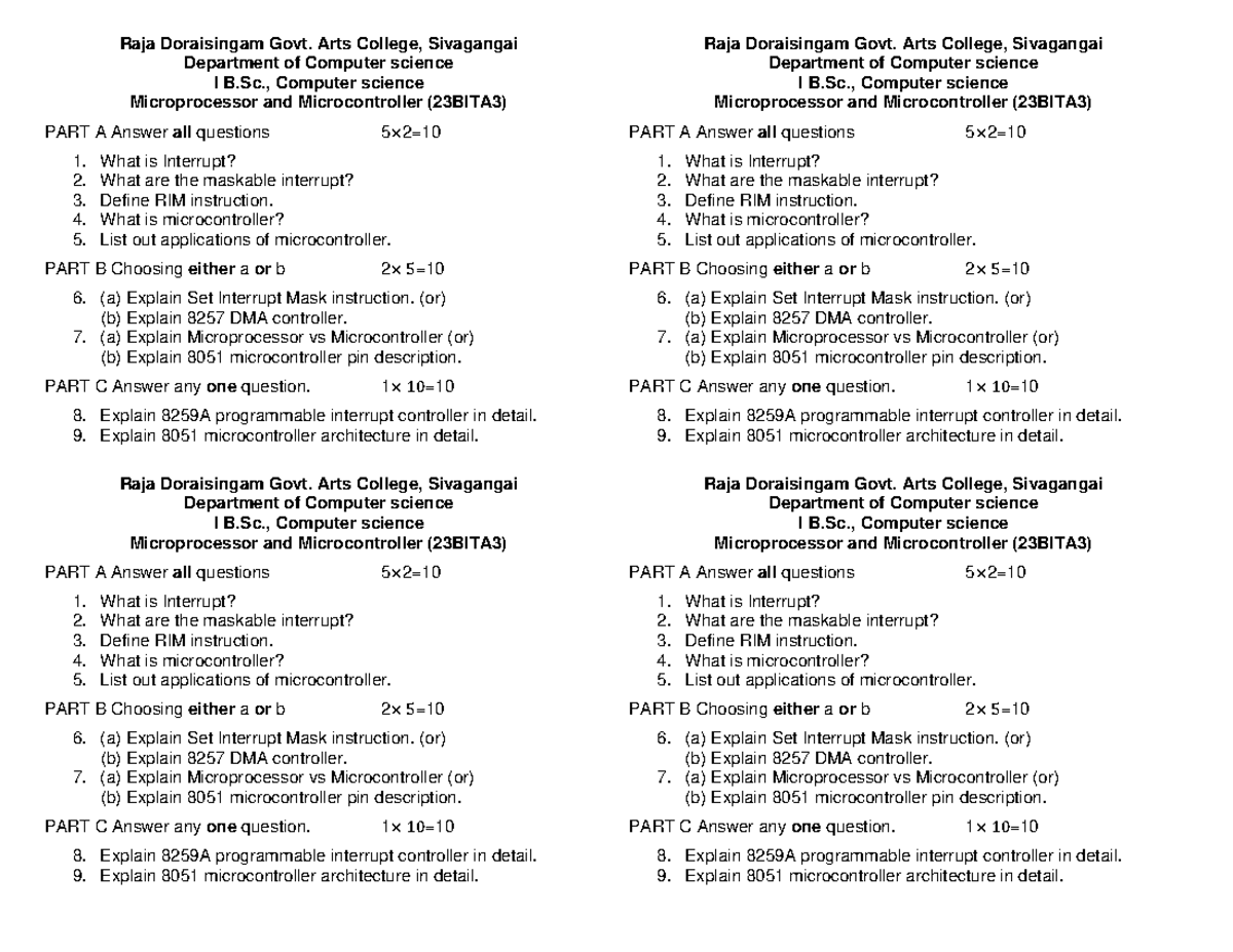 Microprocessor and Microcontroller (23BITA3) - Question Set 1 - Studocu
