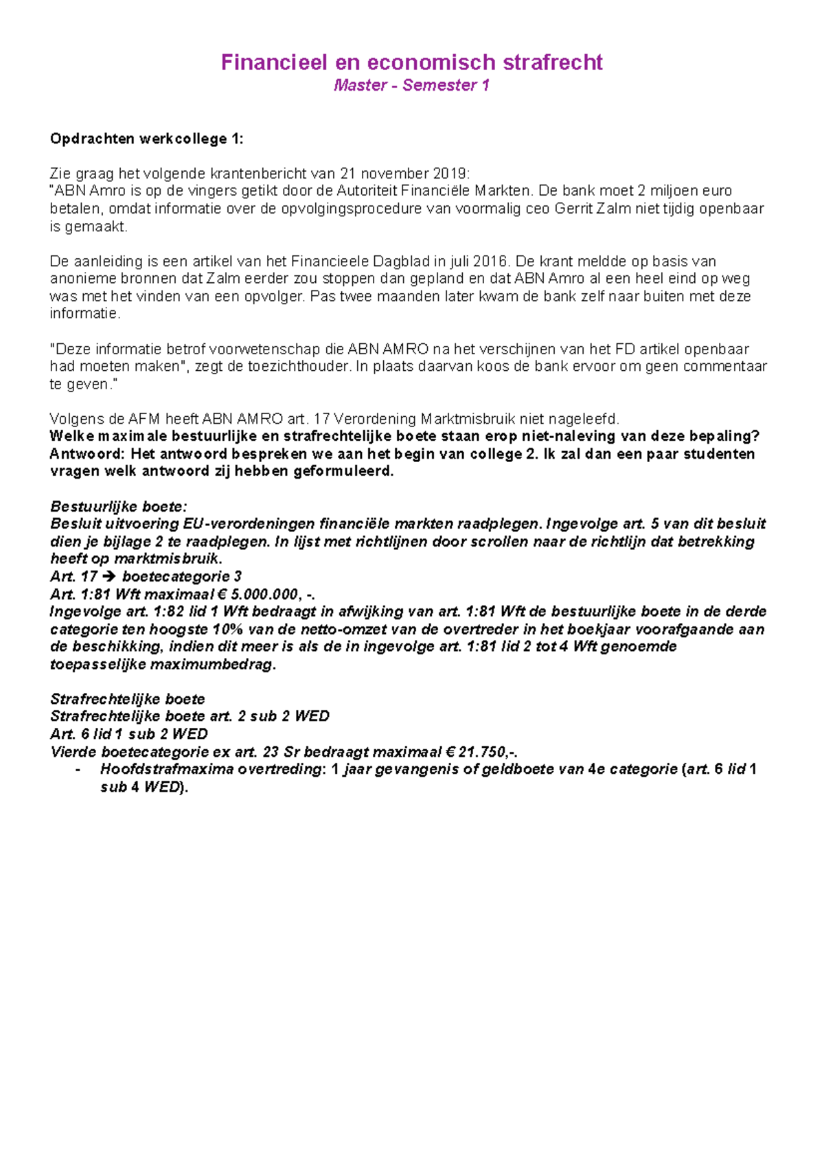 Fin.-eco. strafrecht Hoorcolleges Samenvatting Week 1 & 2 2021 - Studeersnel
