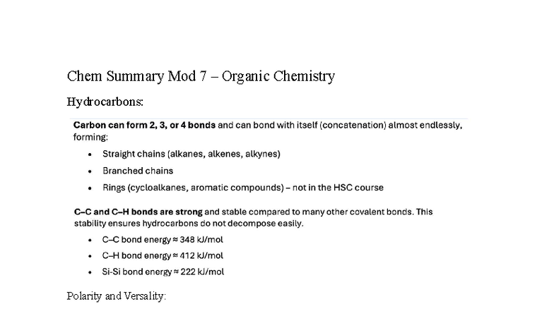 Chem Summary Mod 7: Organic Chemistry - Hydrocarbons and Their ...