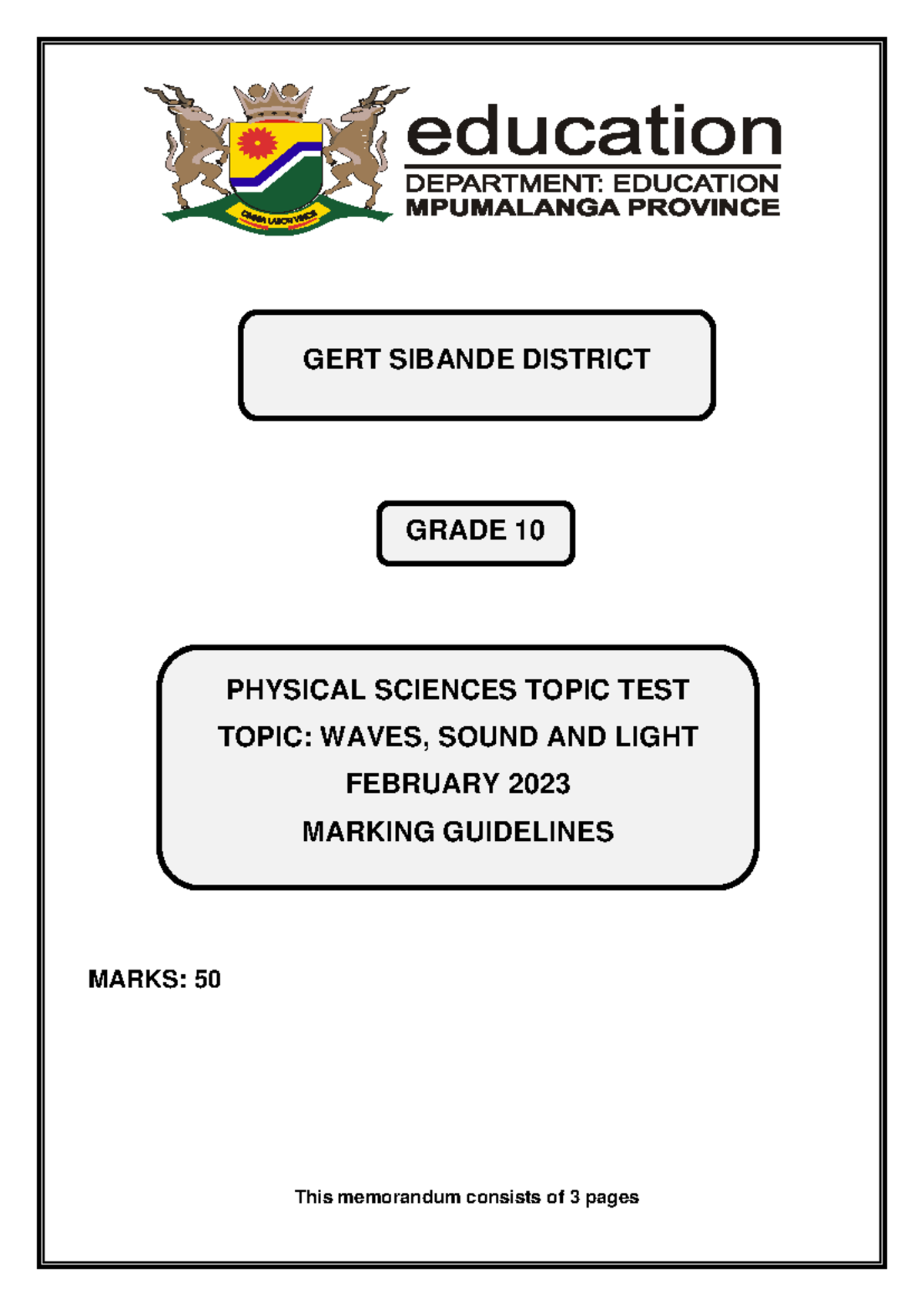 G10 Physical Sciences Waves, Sound & Light Topic Test Memo 2023 - Studocu