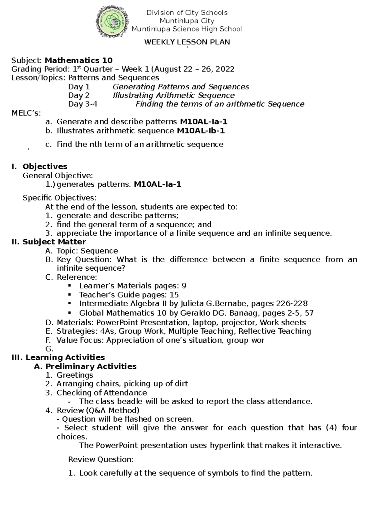 Q1W1 - Weekly Lesson Plan for Mathematics 10: Patterns & Sequences ...