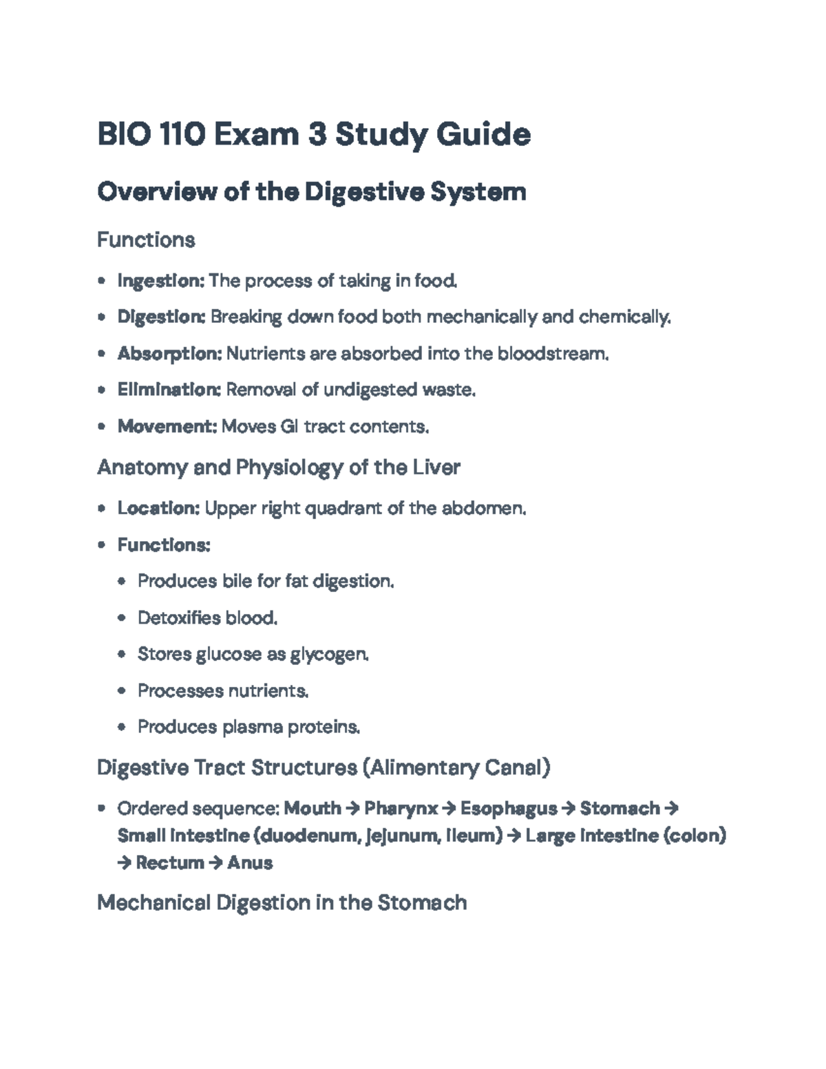 BIO 110 Exam 3 Study Guide: Digestive, Respiratory, and Urinary Systems ...
