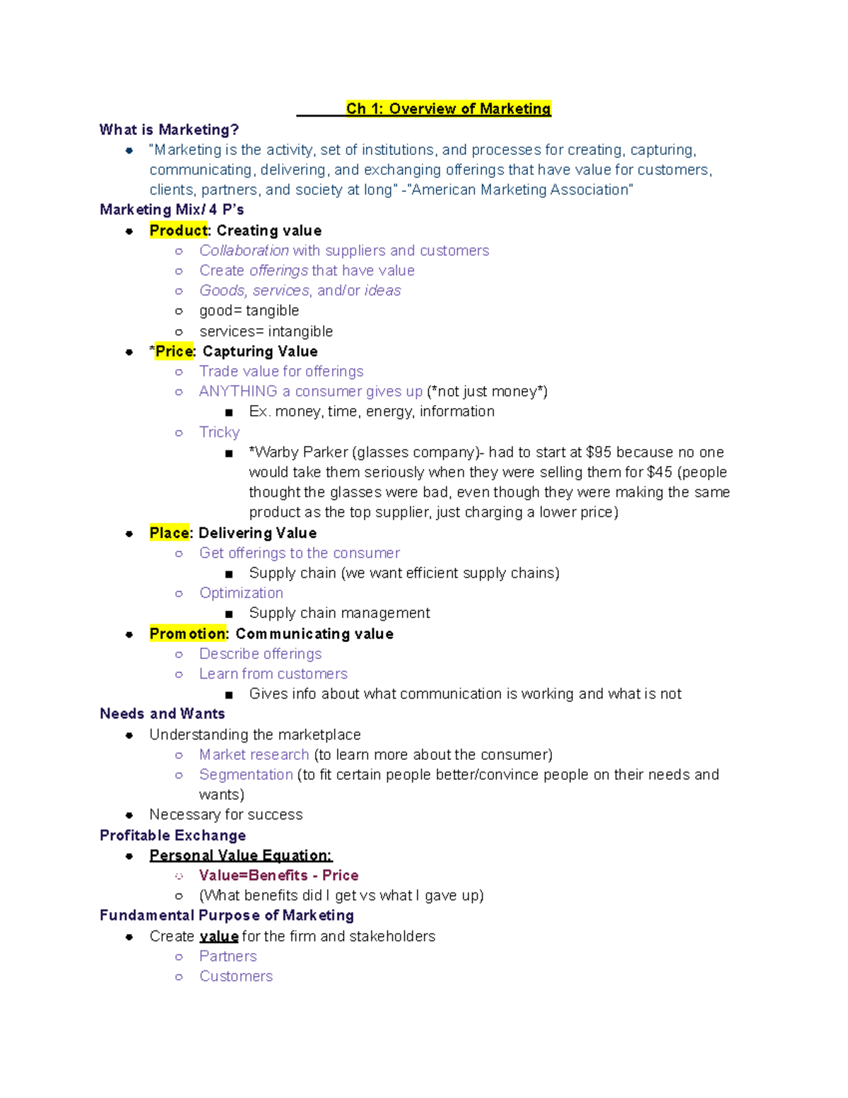 MKT Class notes (for exam 1) - Ch 1: Overview of Marketing What is ...