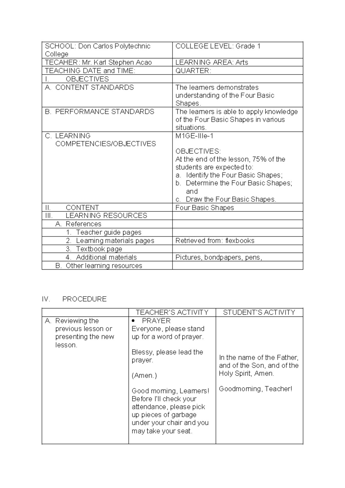 DLP Arts 1 Lesson Plan: Understanding the Four Basic Shapes - Studocu