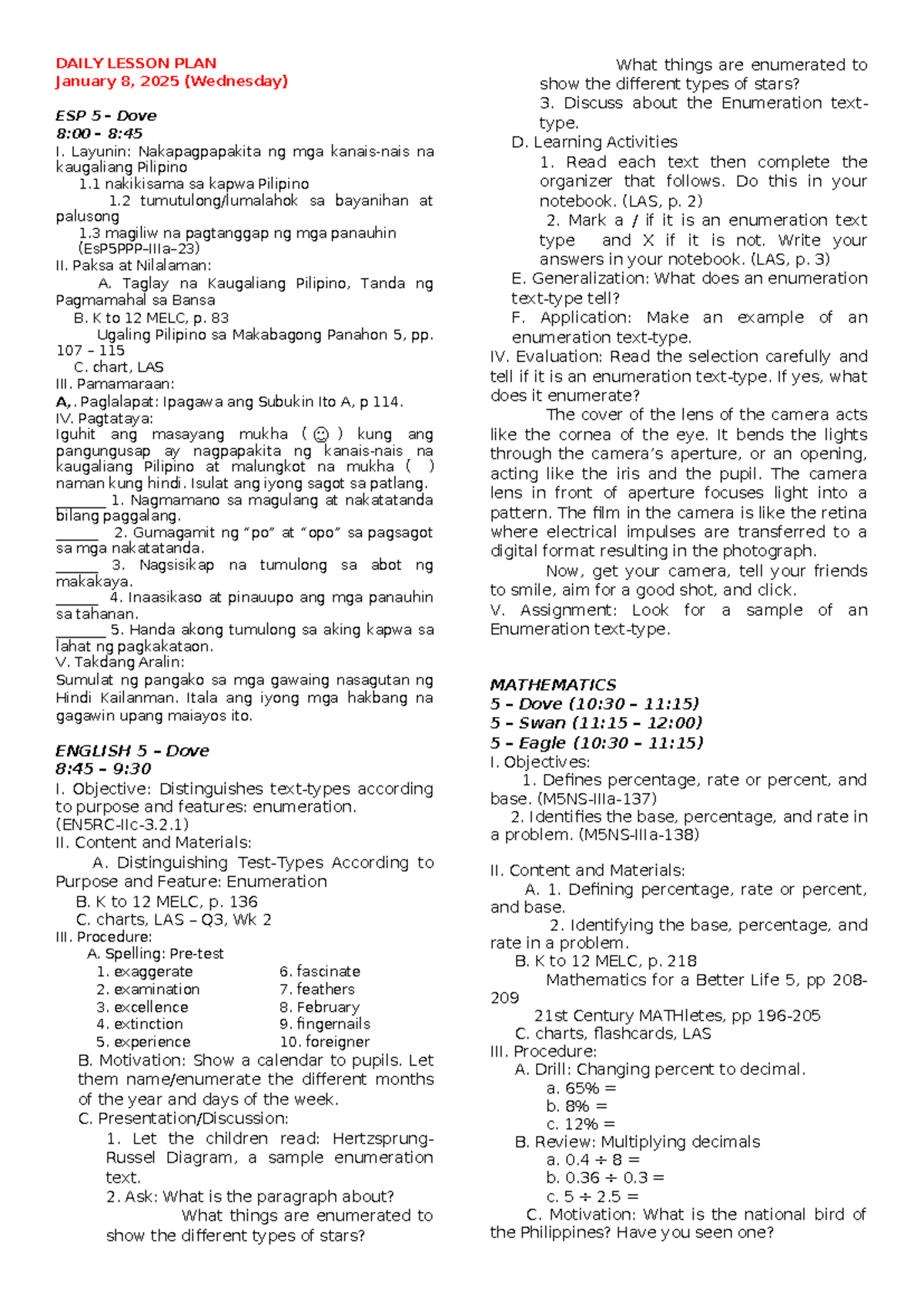 Jan 8 week 2 - DLP - DAILY LESSON PLAN January 8, 2025 (Wednesday) ESP ...