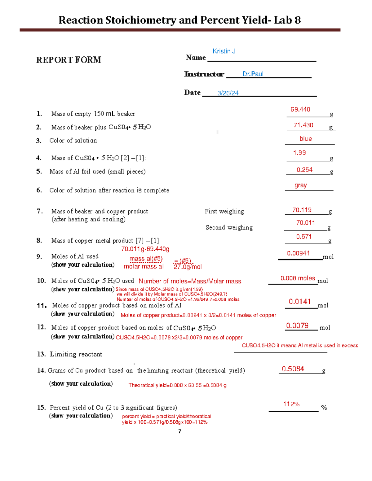 Reaction Stoichiometry and Percent Yield Lab Report (CHEM 69.440) - Studocu