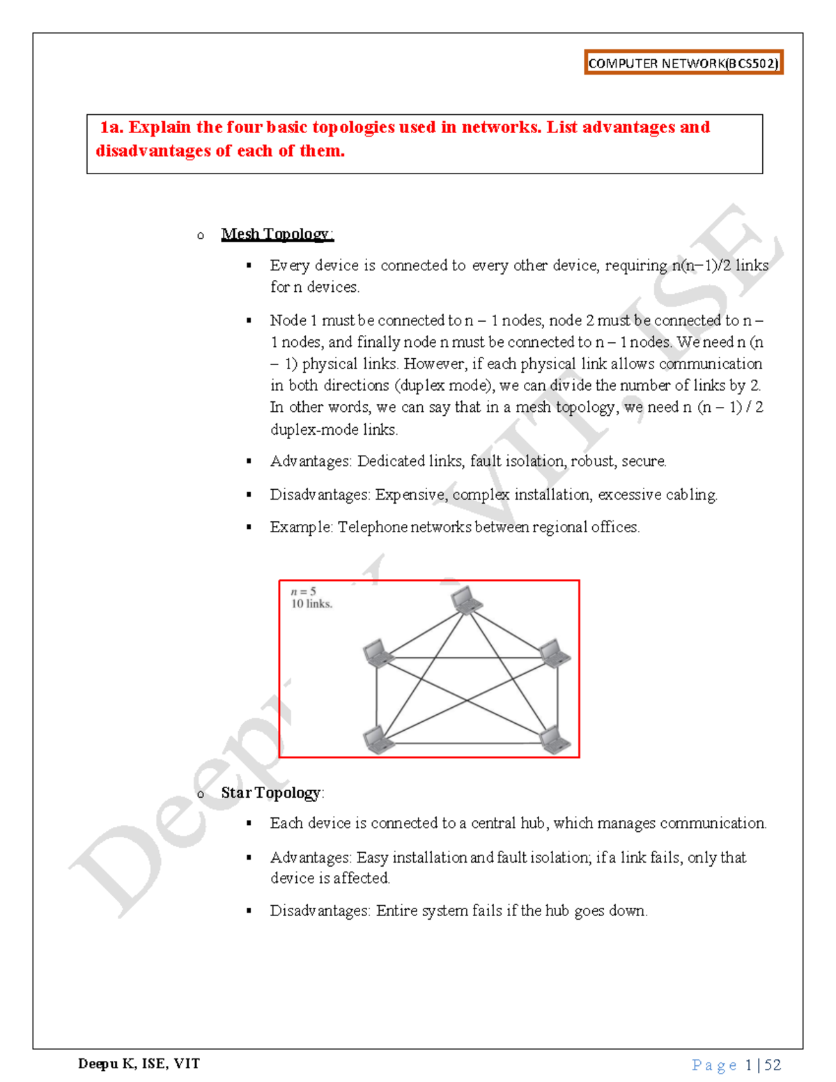 COMPUTER NETWORK (BCS502) Topologies, Data Communication & Protocols ...