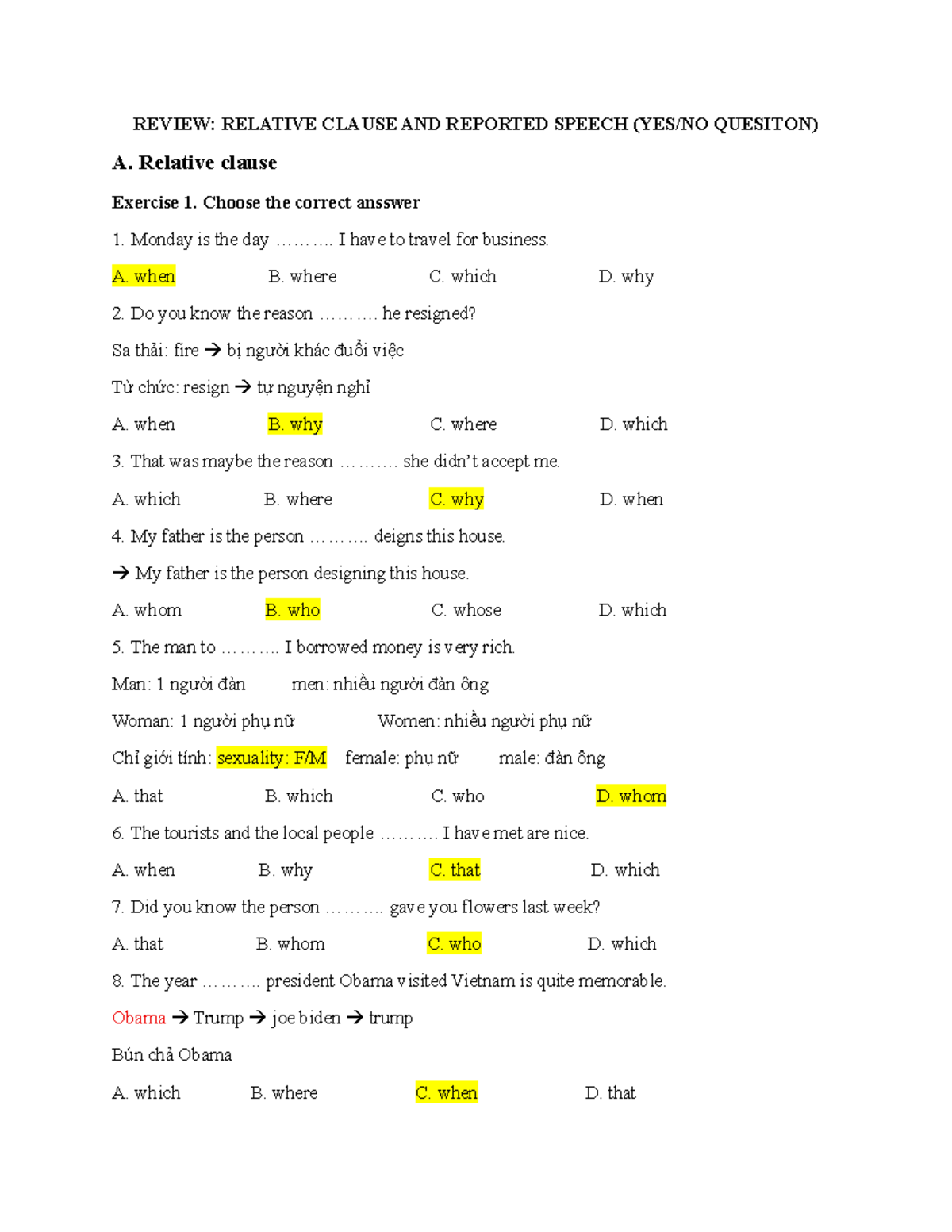 REVIEW: RELATIVE CLAUSE & REPORTED SPEECH EXERCISES (ENG101) - Studocu